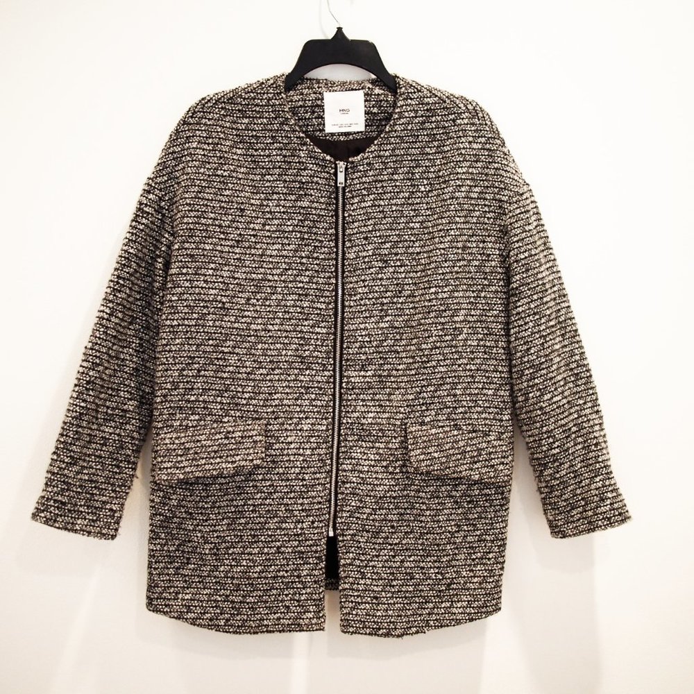 Mango Black & White Straight-Cut Coat - XXS